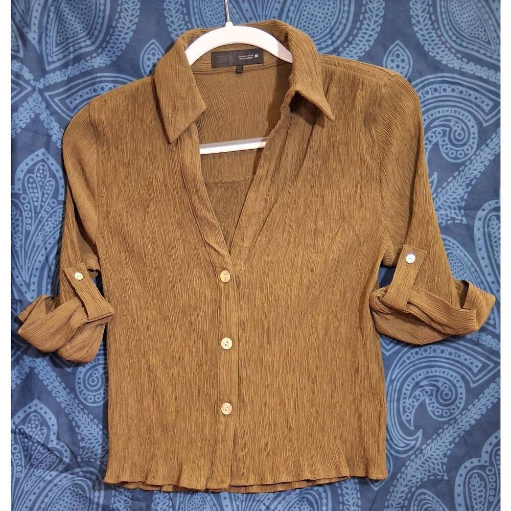 Zara womens small camel tan shirt tab sleeve crinkled caramel